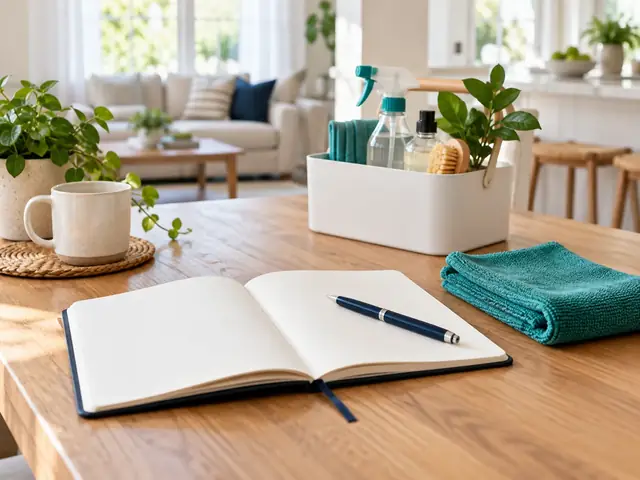 A blank notebook and cleaning supplies on a table in a bright home