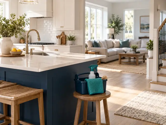 Cleaning supplies beside a kitchen counter with a living area beyond