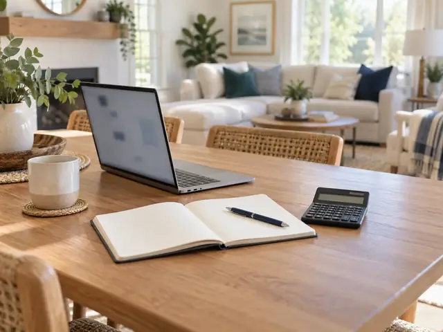 A laptop, calculator, and notebook on a table overlooking a tidy living room
