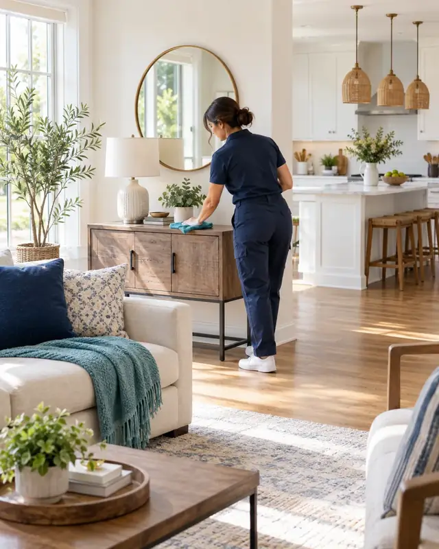 A cleaning professional wiping a console in a sunlit living room