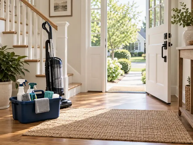 A cleaning caddy and vacuum ready beside an open front door