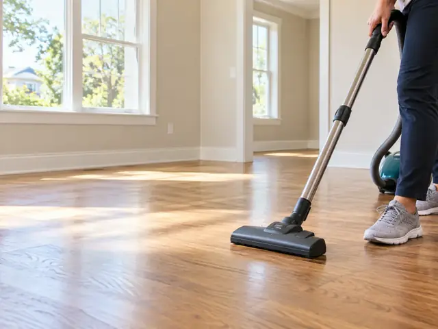 A vacuum cleaner removing dust from the floor of an empty living room