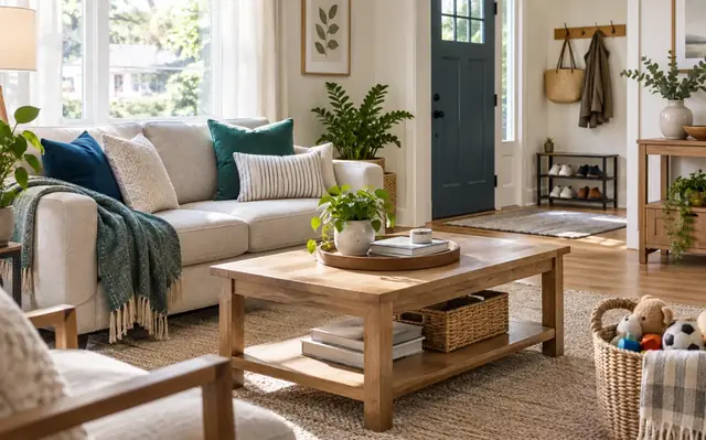 A tidy living room with toys gathered in a basket and clear surfaces