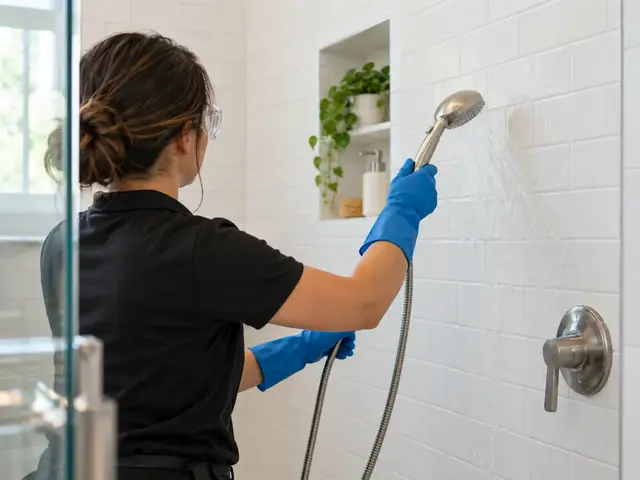 A cleaner rinsing a white tiled shower wall with clean water after scrubbing away mildew spots