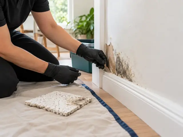 Moisture damage on painted drywall near a baseboard and a piece of porous ceiling tile.
