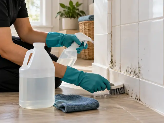A plain jug of white vinegar and a spray bottle beside a tiled wall with small mold spots