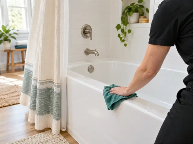A hand wiping a bathtub dry with a microfiber towel after a shower, the curtain spread open to dry