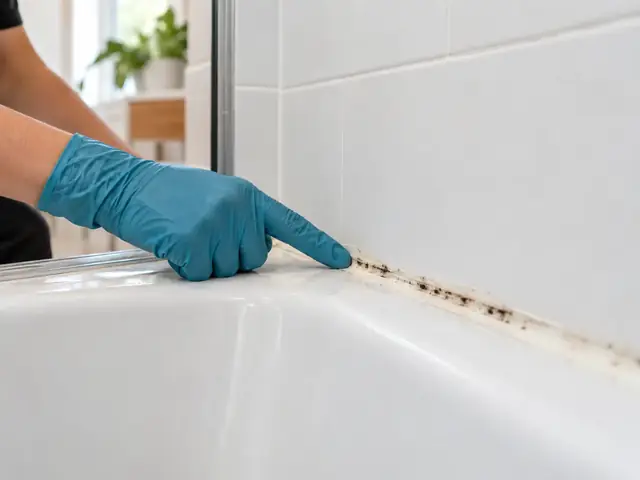 Close-up of dark mold spots under the surface of old silicone caulk along a tub edge, next to a clean tile wall