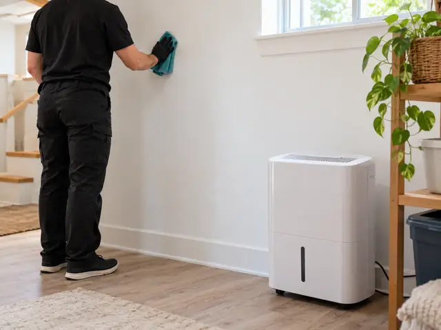 A dehumidifier running in a basement room next to a freshly cleaned, dry wall