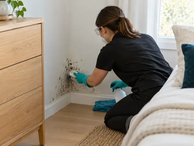 A cleaner scrubbing gray mold spots on a bedroom wall while wearing gloves, goggles, and a respirator.