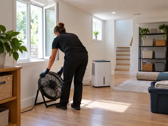 A cleaner positioning a floor fan near an open basement window, with a dehumidifier nearby.