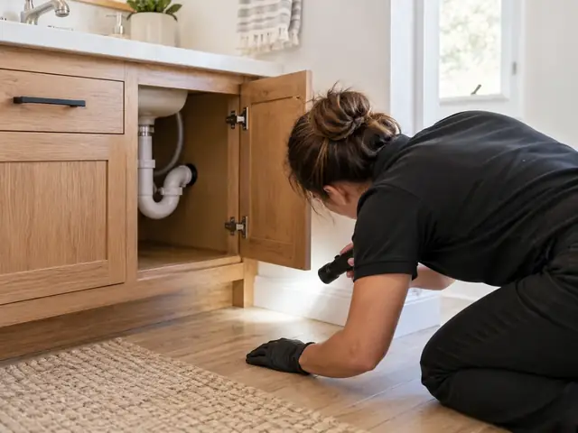 A homeowner sniffing near a baseboard under a bathroom sink with a flashlight, looking for the source of a musty smell